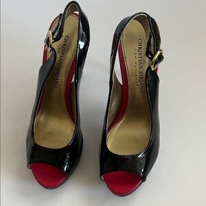 Christian Siriano‎ Black and Red Peep Toe Slingback Heels